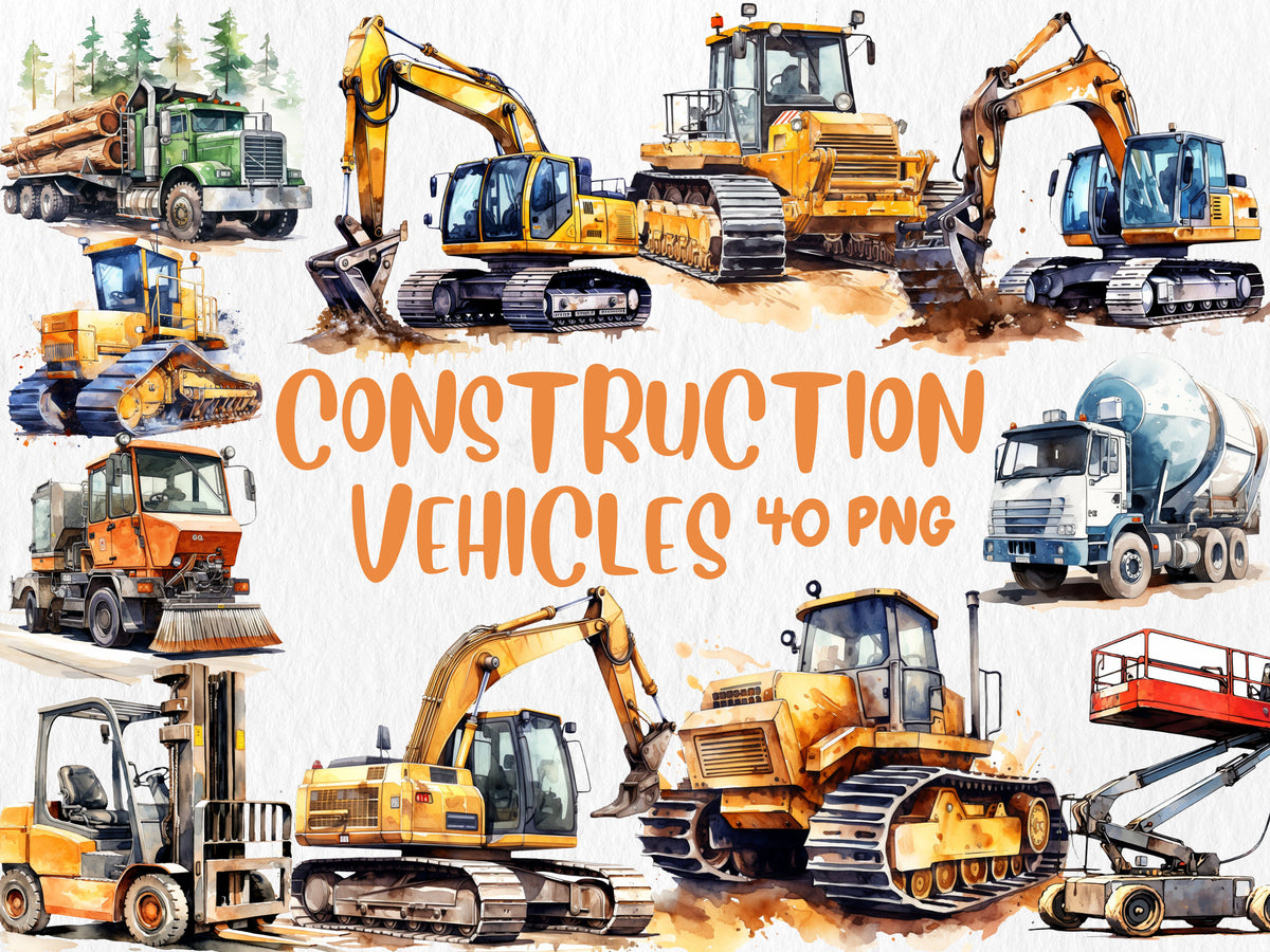 Watercolor Construction Vehicles Clipart | Excavator, Bulldozer, Cement Mixer, Tractor Illustrations | Instant Download for Commercial Use