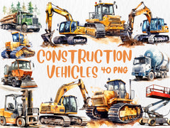 Watercolor Construction Vehicles Clipart | Excavator, Bulldozer, Cement Mixer, Tractor Illustrations | Instant Download for Commercial Use