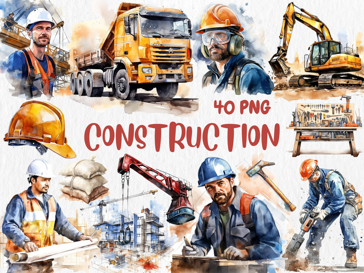 Watercolor Construction Clipart | Worker, Hard Hat, Dump Truck, Cement Mixer, Bulldozer Illustrations | Instant Download for Commercial Use