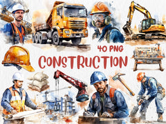 Watercolor Construction Clipart | Worker, Hard Hat, Dump Truck, Cement Mixer, Bulldozer Illustrations | Instant Download for Commercial Use
