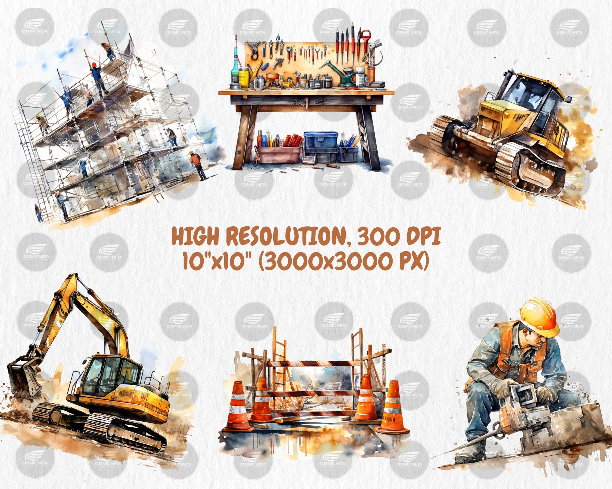 Watercolor Construction Clipart | Worker, Hard Hat, Dump Truck, Cement Mixer, Bulldozer Illustrations | Instant Download for Commercial Use