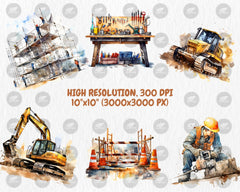 Watercolor Construction Clipart | Worker, Hard Hat, Dump Truck, Cement Mixer, Bulldozer Illustrations | Instant Download for Commercial Use