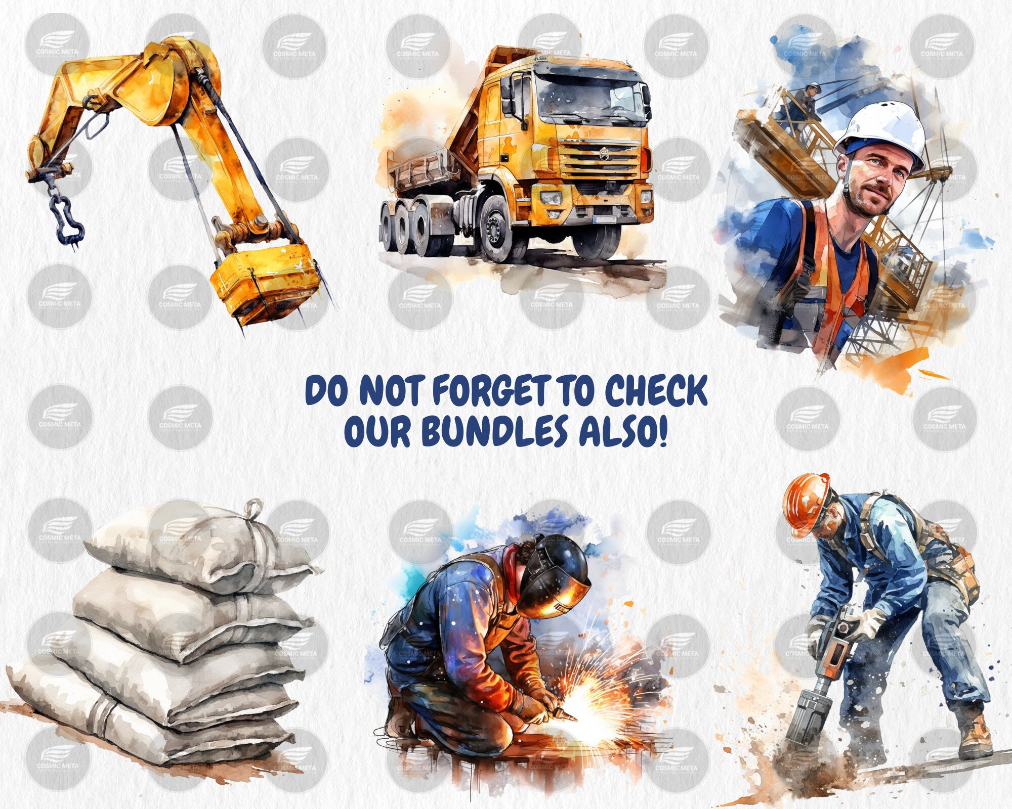 Watercolor Construction Clipart | Worker, Hard Hat, Dump Truck, Cement Mixer, Bulldozer Illustrations | Instant Download for Commercial Use