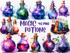 Watercolor Magic Potions Clipart | Painted Colorful Magic Potion Illustrations | 40 PNG Graphics | Instant Download for Commercial Use