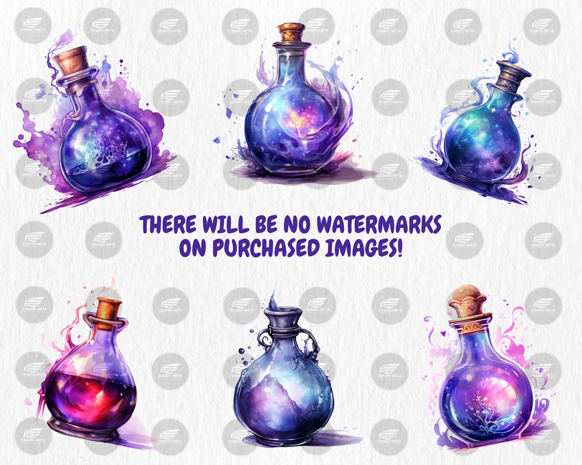 Watercolor Magic Potions Clipart | Painted Colorful Magic Potion Illustrations | 40 PNG Graphics | Instant Download for Commercial Use