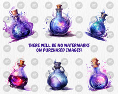 Watercolor Magic Potions Clipart | Painted Colorful Magic Potion Illustrations | 40 PNG Graphics | Instant Download for Commercial Use