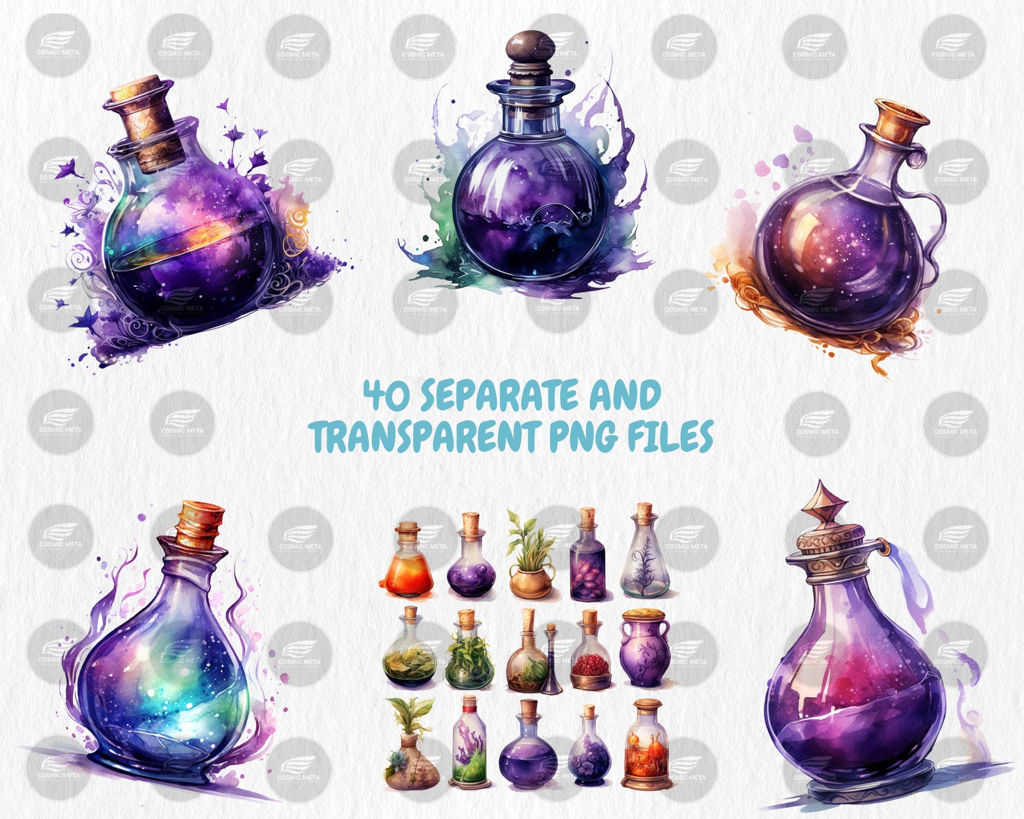 Watercolor Magic Potions Clipart | Painted Colorful Magic Potion Illustrations | 40 PNG Graphics | Instant Download for Commercial Use