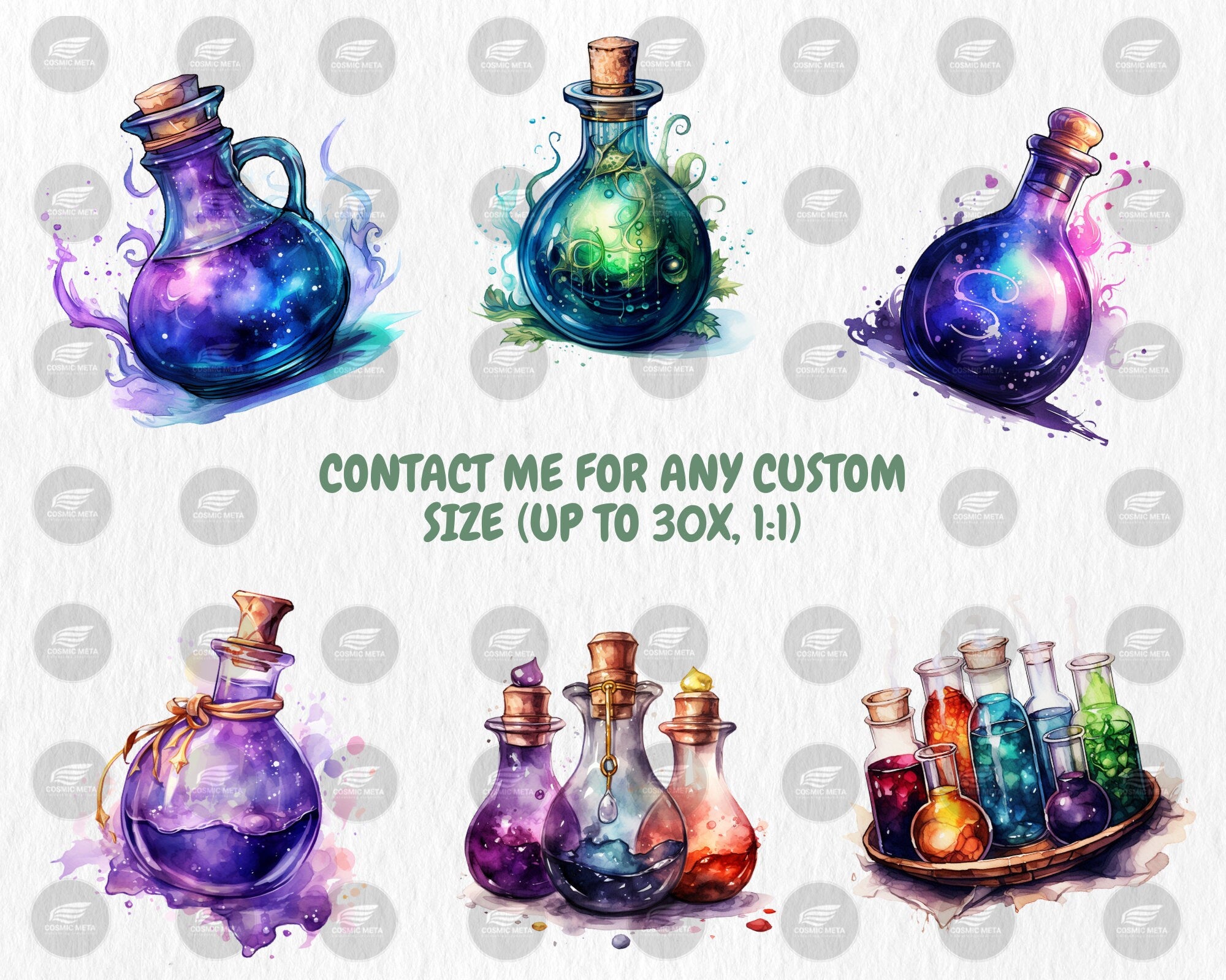 Watercolor Magic Potions Clipart | Painted Colorful Magic Potion Illustrations | 40 PNG Graphics | Instant Download for Commercial Use