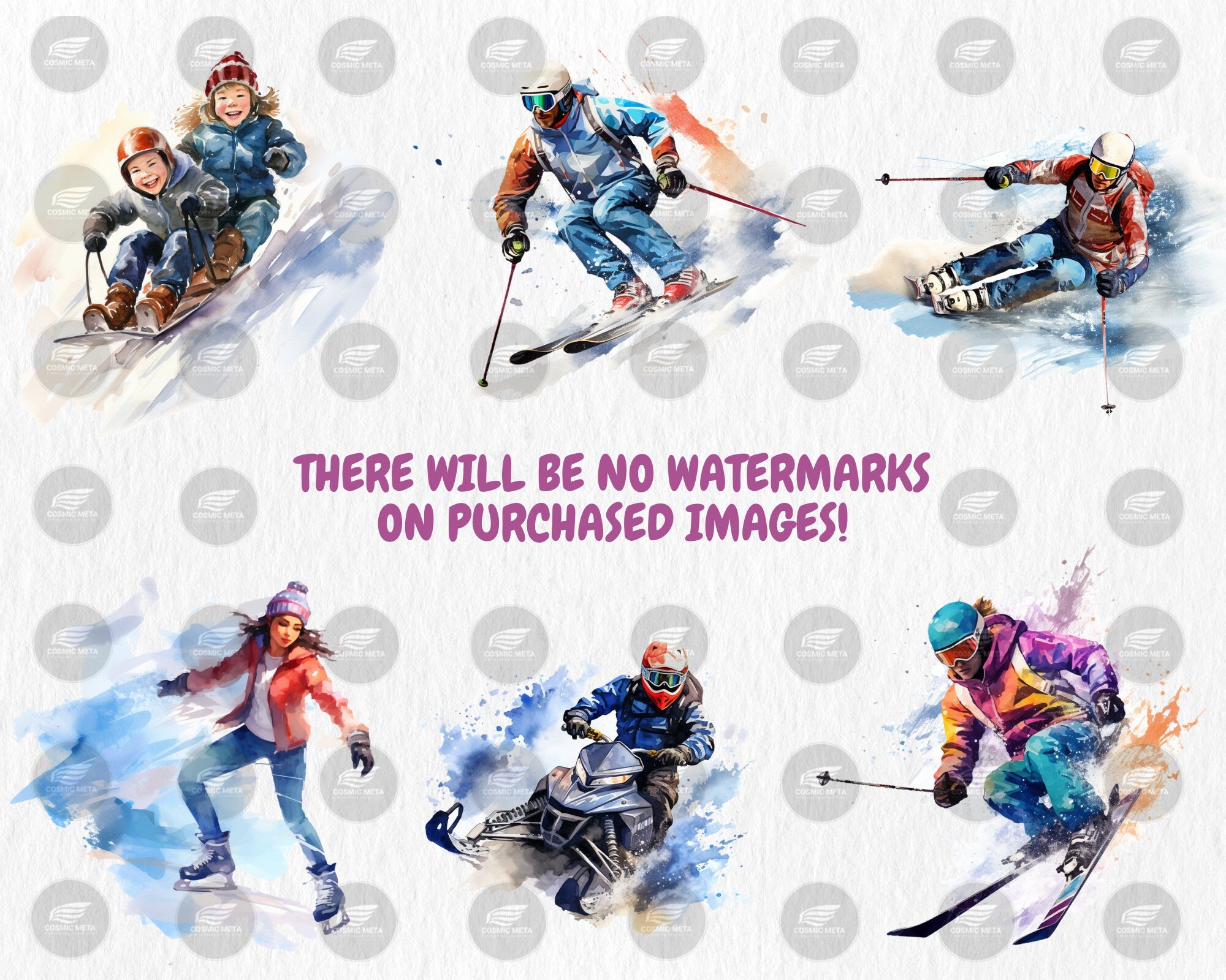Watercolor Winter Sports Clipart | Snowboarding, Ice Hockey, Curling, Skating, Curling Illustrations | Instant Download for Commercial Use