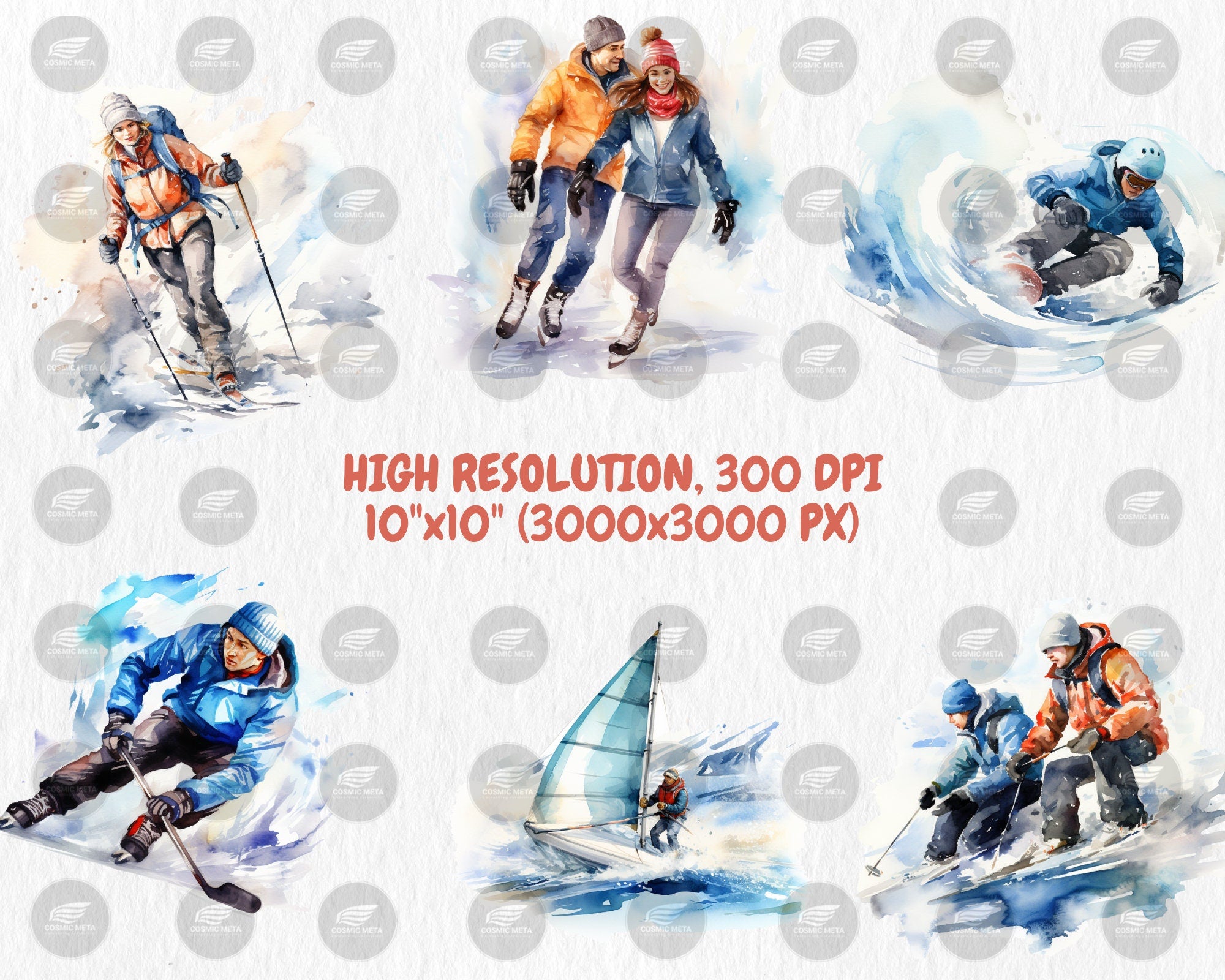 Watercolor Winter Sports Clipart | Snowboarding, Ice Hockey, Curling, Skating, Curling Illustrations | Instant Download for Commercial Use