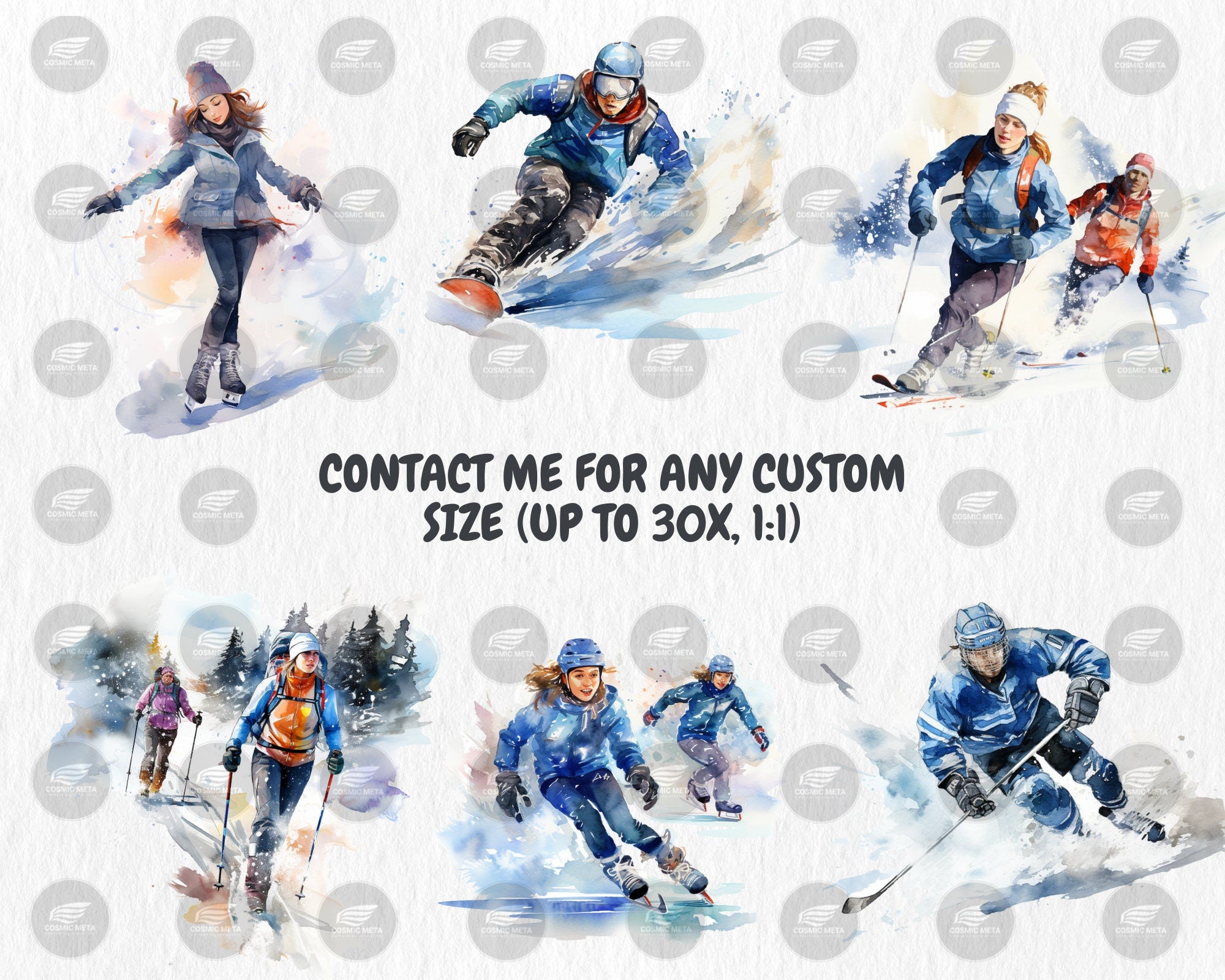 Watercolor Winter Sports Clipart | Snowboarding, Ice Hockey, Curling, Skating, Curling Illustrations | Instant Download for Commercial Use