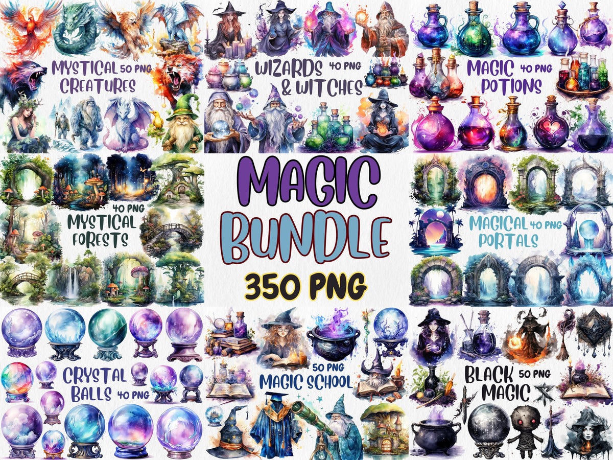 Watercolor Magic Mega Clipart Bundle | Mystical Forests, Fantasy Portals, Wizards, Witches, Potion | Instant Download for Commercial Use