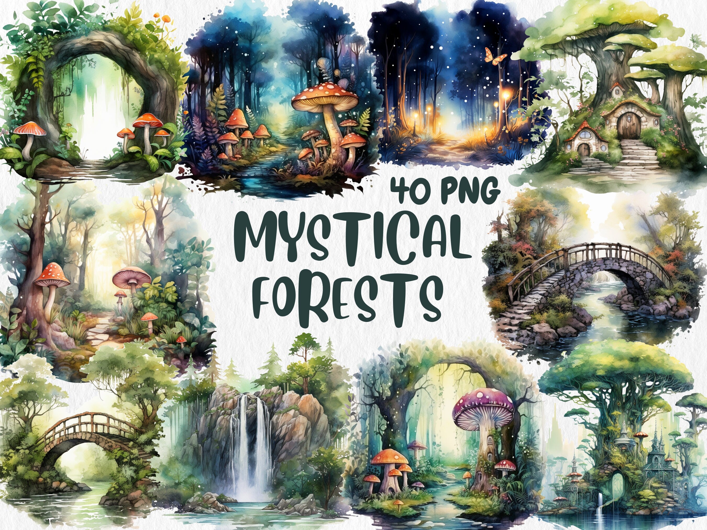 Watercolor Magic Mega Clipart Bundle | Mystical Forests, Fantasy Portals, Wizards, Witches, Potion | Instant Download for Commercial Use