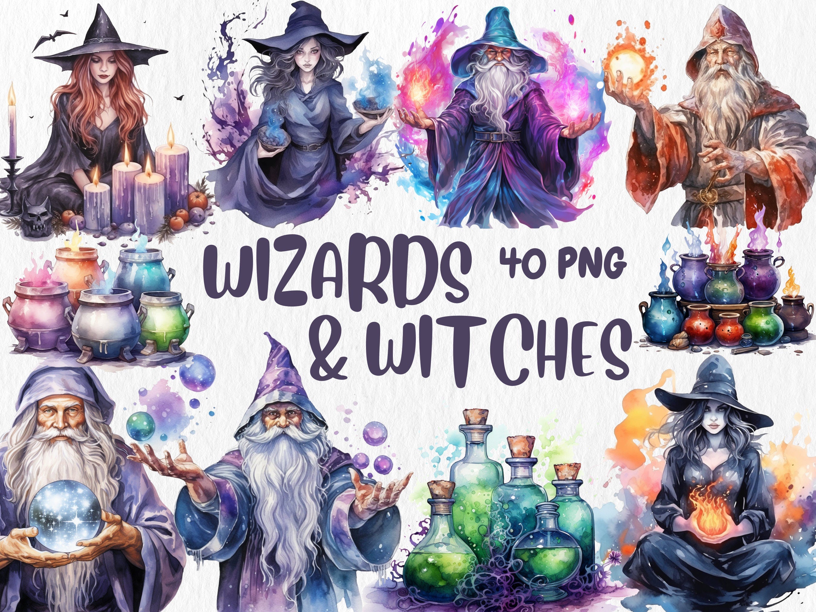 Watercolor Magic Mega Clipart Bundle | Mystical Forests, Fantasy Portals, Wizards, Witches, Potion | Instant Download for Commercial Use