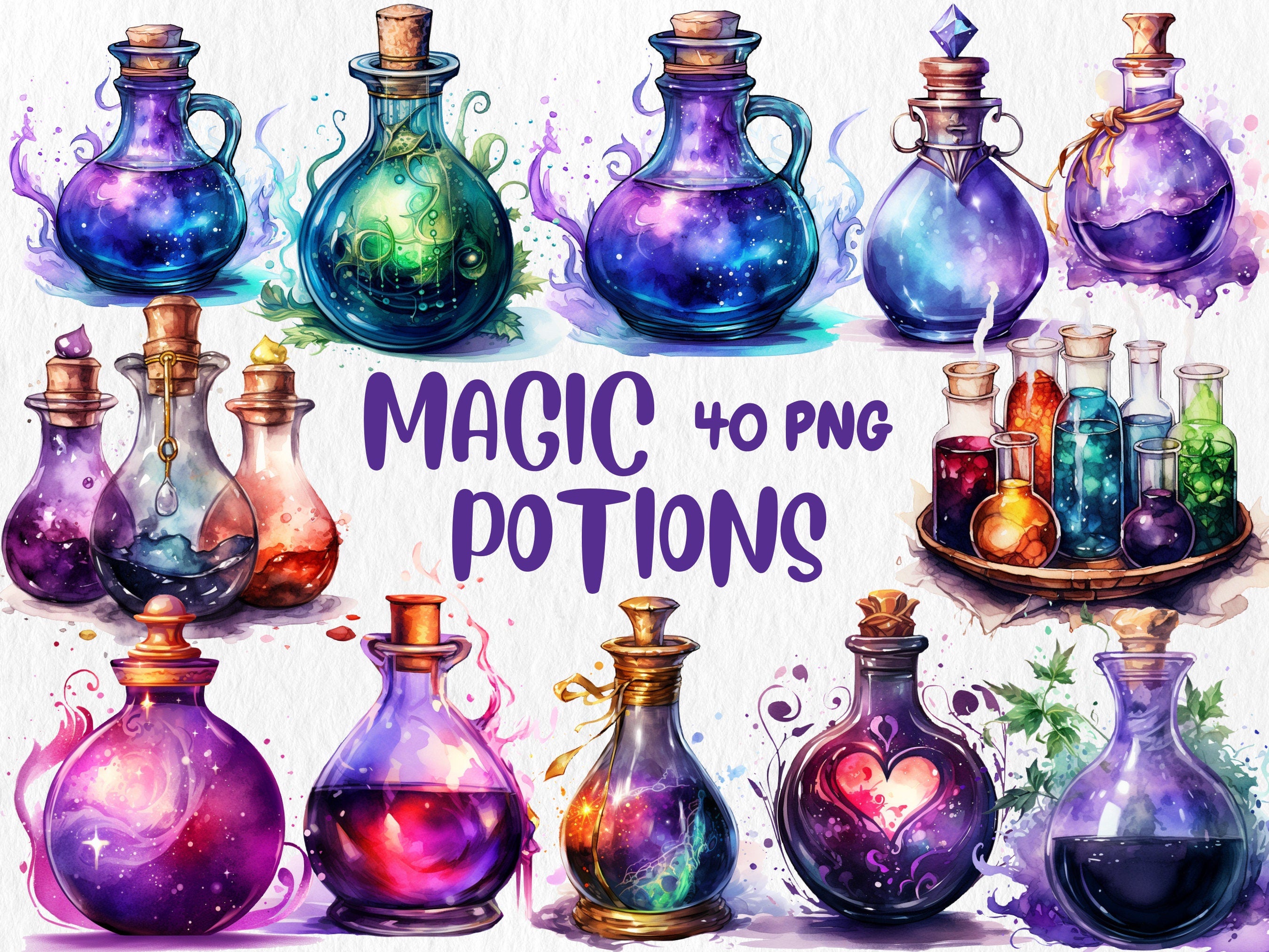 Watercolor Magic Mega Clipart Bundle | Mystical Forests, Fantasy Portals, Wizards, Witches, Potion | Instant Download for Commercial Use