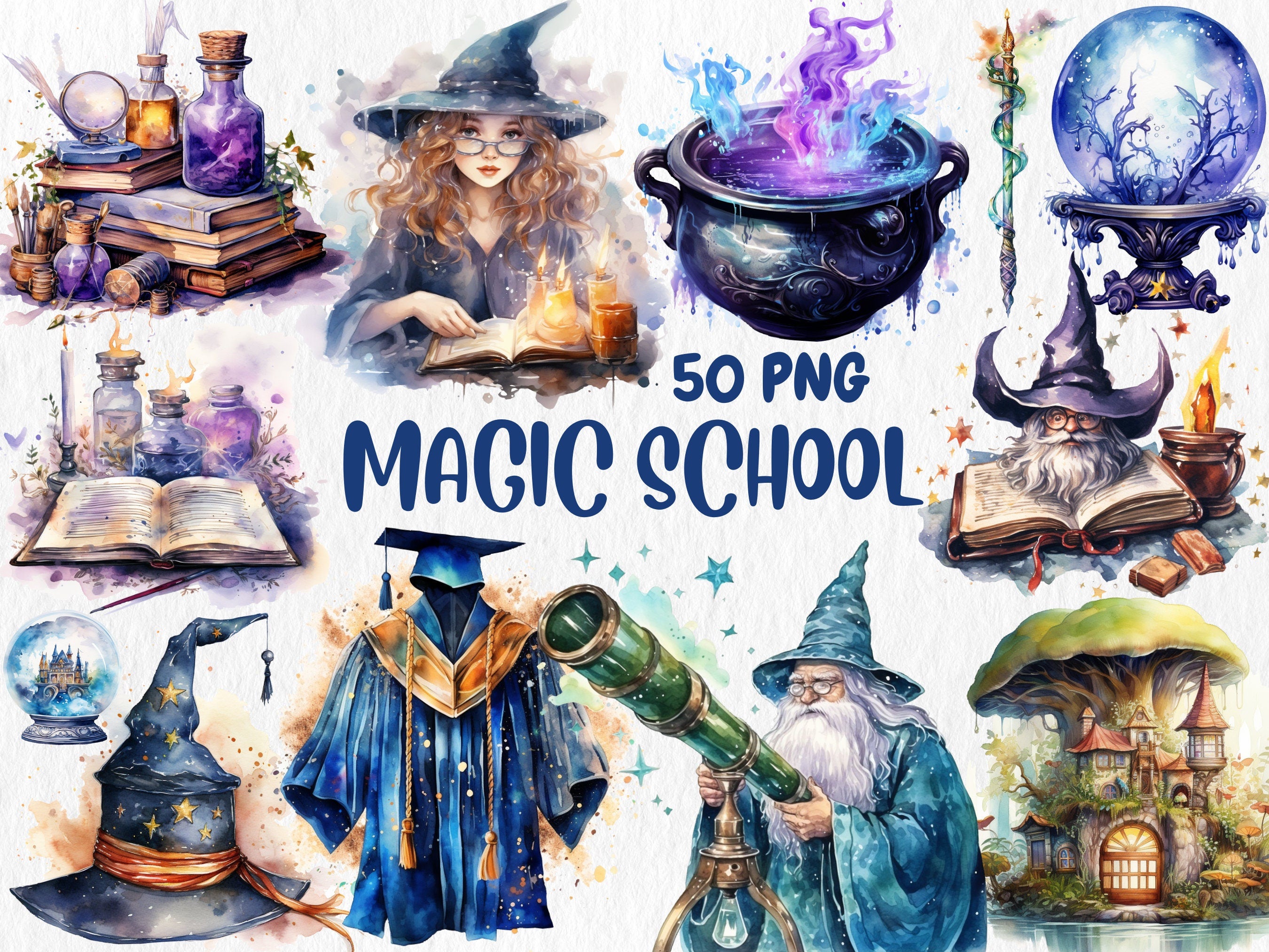 Watercolor Magic Mega Clipart Bundle | Mystical Forests, Fantasy Portals, Wizards, Witches, Potion | Instant Download for Commercial Use
