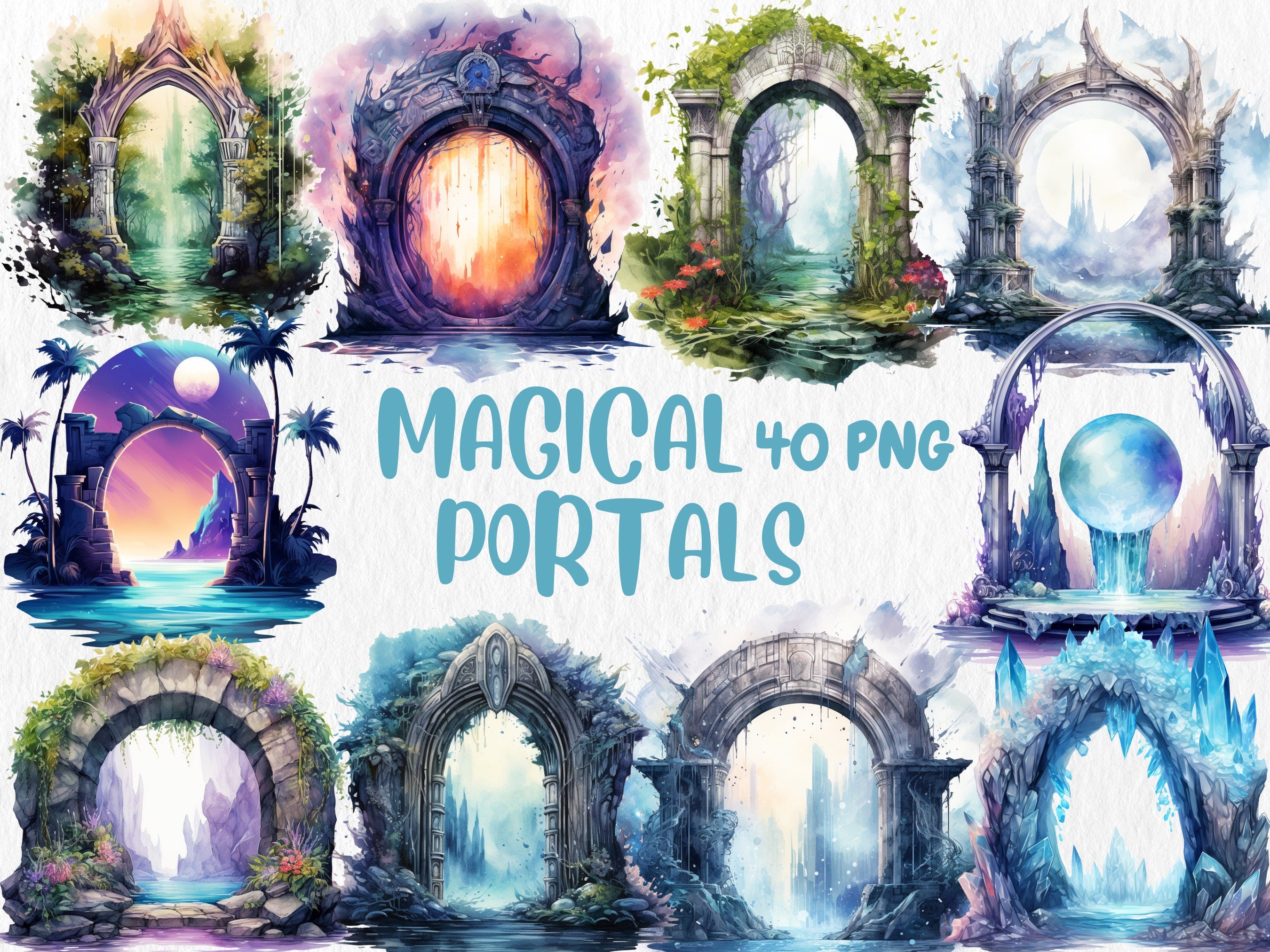 Watercolor Magic Mega Clipart Bundle | Mystical Forests, Fantasy Portals, Wizards, Witches, Potion | Instant Download for Commercial Use