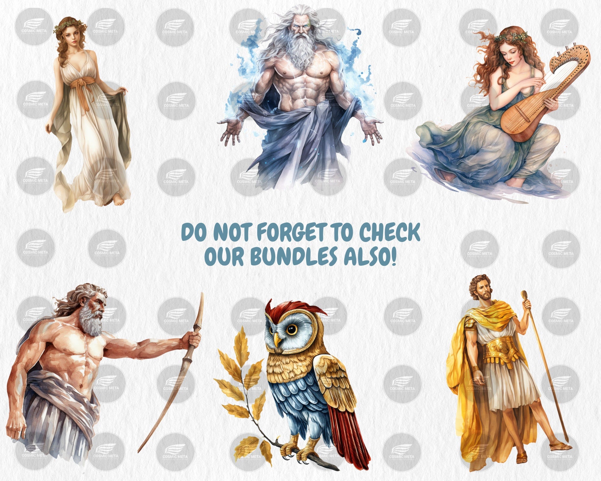 Watercolor Ancient Greece Clipart | Greek Mythology Gods, Goddesses, Medusa, Hercules Illustration | Instant Download for Commercial Use