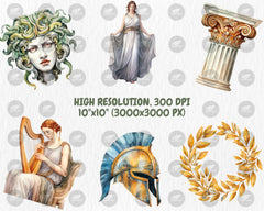 Watercolor Ancient Greece Clipart | Greek Mythology Gods, Goddesses, Medusa, Hercules Illustration | Instant Download for Commercial Use