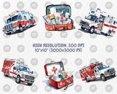 Watercolor Ambulance Clipart | Nurse, Doctor, Medicine, Paramedic, Ambulance Truck Illustrations | Instant Download for Commercial Use