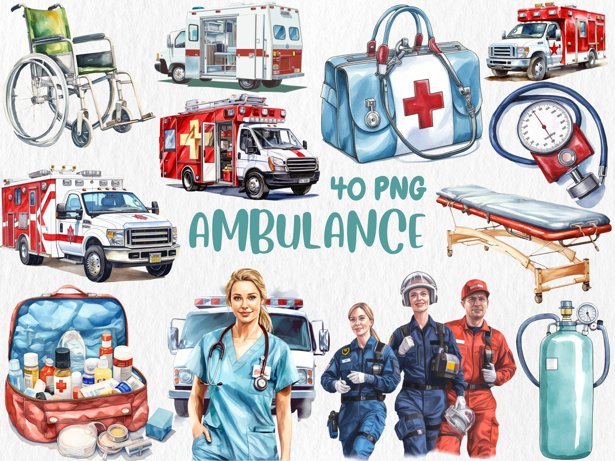 Watercolor Ambulance Clipart | Nurse, Doctor, Medicine, Paramedic, Ambulance Truck Illustrations | Instant Download for Commercial Use