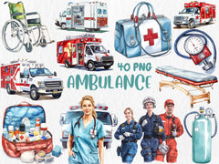 Watercolor Ambulance Clipart | Nurse, Doctor, Medicine, Paramedic, Ambulance Truck Illustrations | Instant Download for Commercial Use