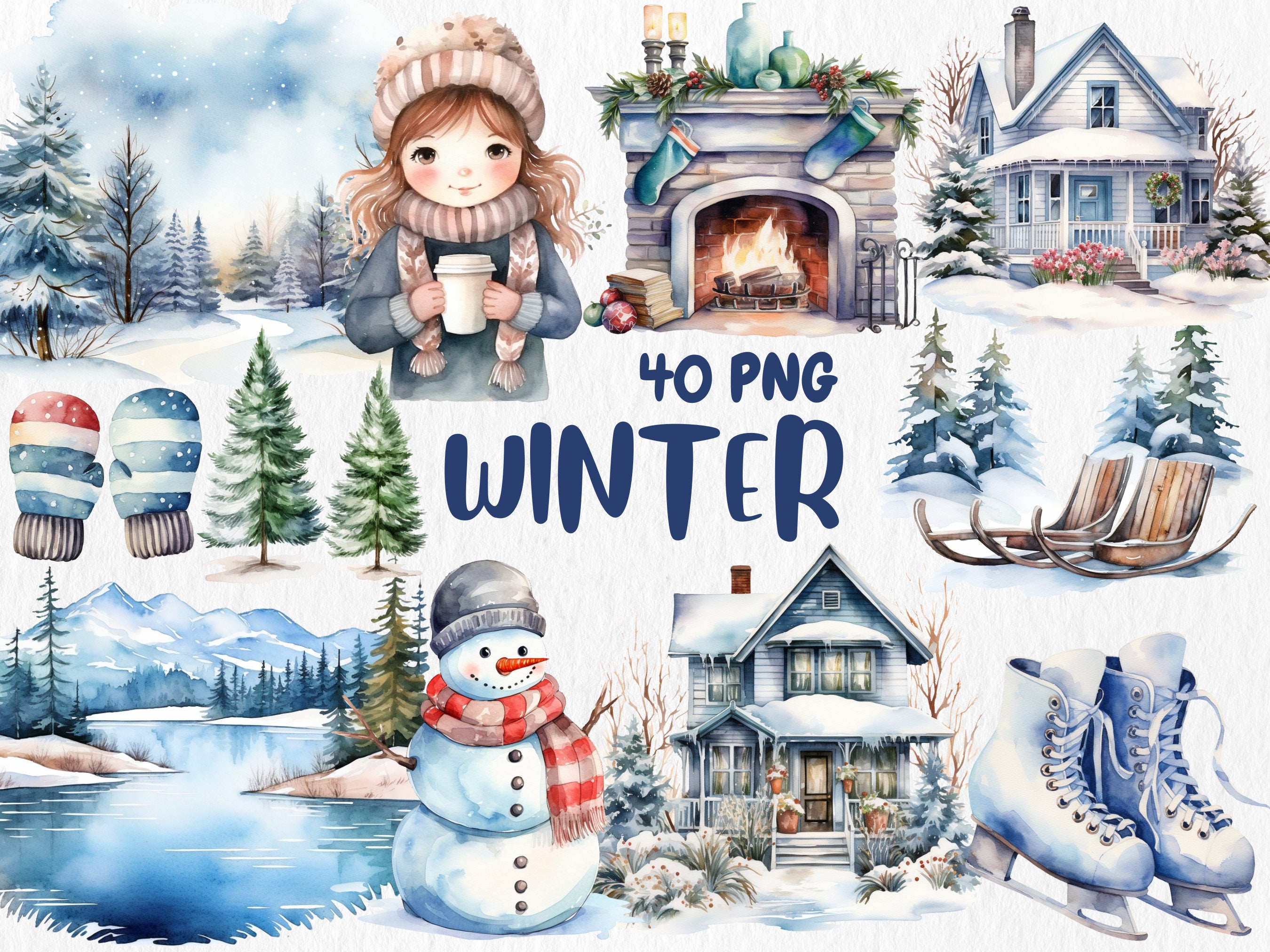 Watercolor Winter Mega Clipart Bundle #1 | Snowmen, Snowflakes, Cozy Winter, January, Winter Landscapes | Instant Download for Commercial Use