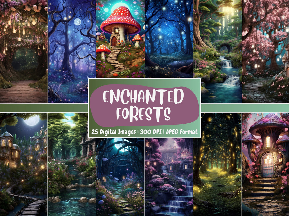Fantasy Enchanted Forests Digital Paper, Mystical Magic Forest, Woodland Themed Cards, Printable, Download Junk Journals & Scrapbooking