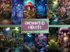 Fantasy Enchanted Forests Digital Paper, Mystical Magic Forest, Woodland Themed Cards, Printable, Download Junk Journals & Scrapbooking