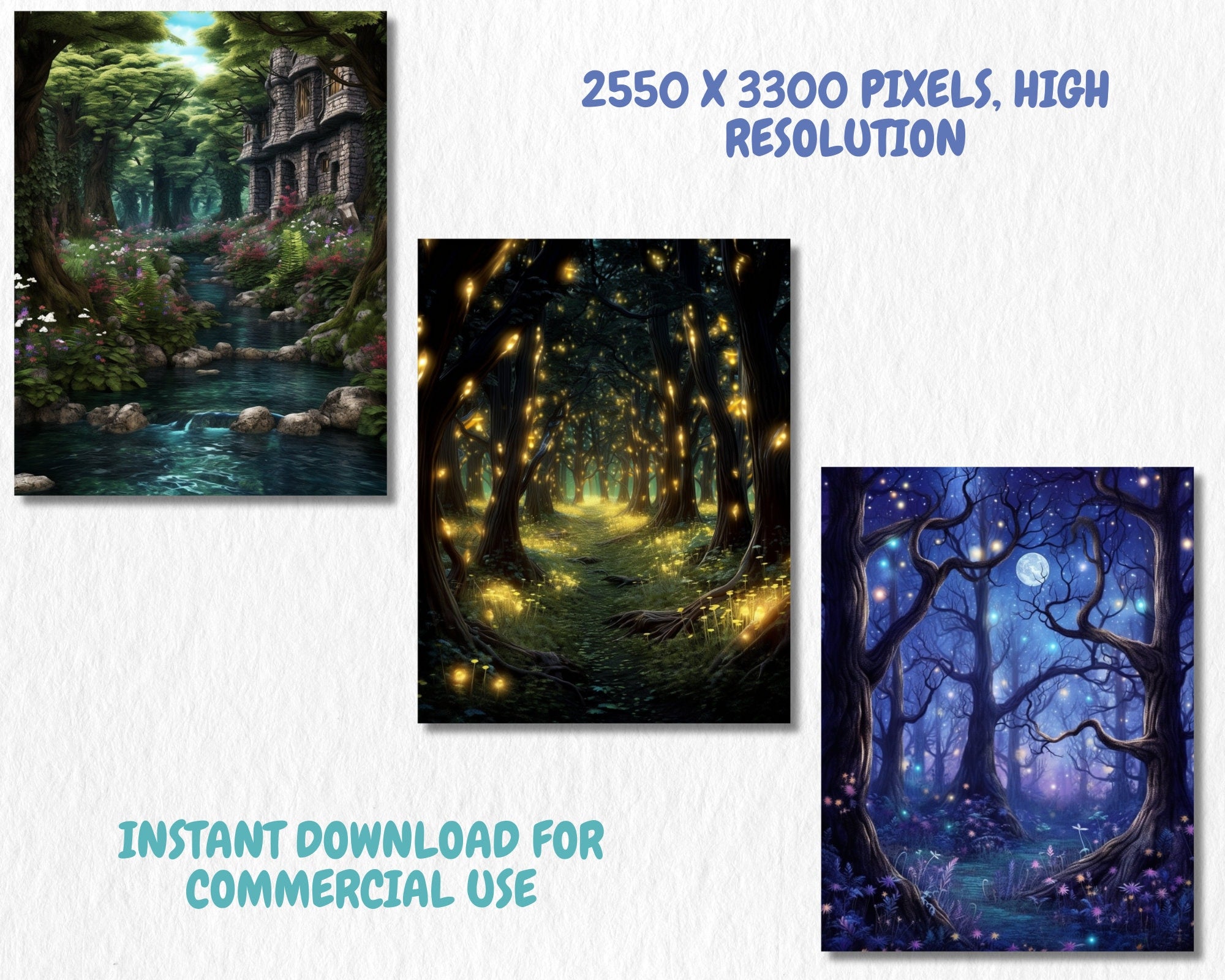 Fantasy Enchanted Forests Digital Paper, Mystical Magic Forest, Woodland Themed Cards, Printable, Download Junk Journals & Scrapbooking