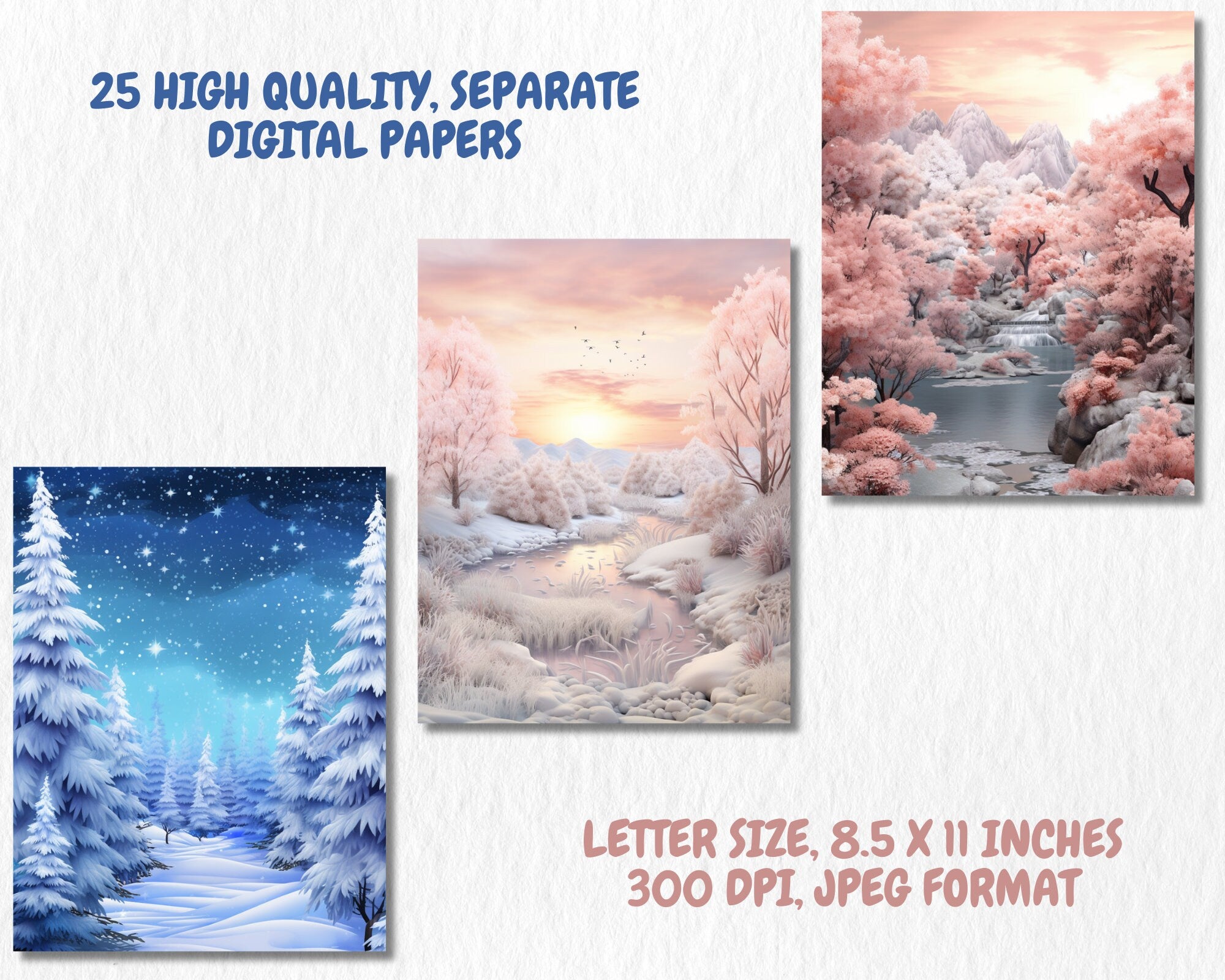 Winter Landscapes Digital Paper | Snow Forest Background, Snowy Landscape Backdrops, Printable, Download for Journals & Scrapbooking