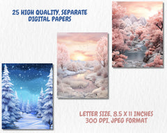 Winter Landscapes Digital Paper | Snow Forest Background, Snowy Landscape Backdrops, Printable, Download for Journals & Scrapbooking