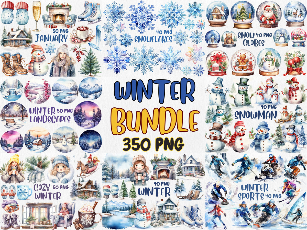 Watercolor Winter Mega Clipart Bundle #1 | Snowmen, Snowflakes, Cozy Winter, January, Winter Landscapes | Instant Download for Commercial Use