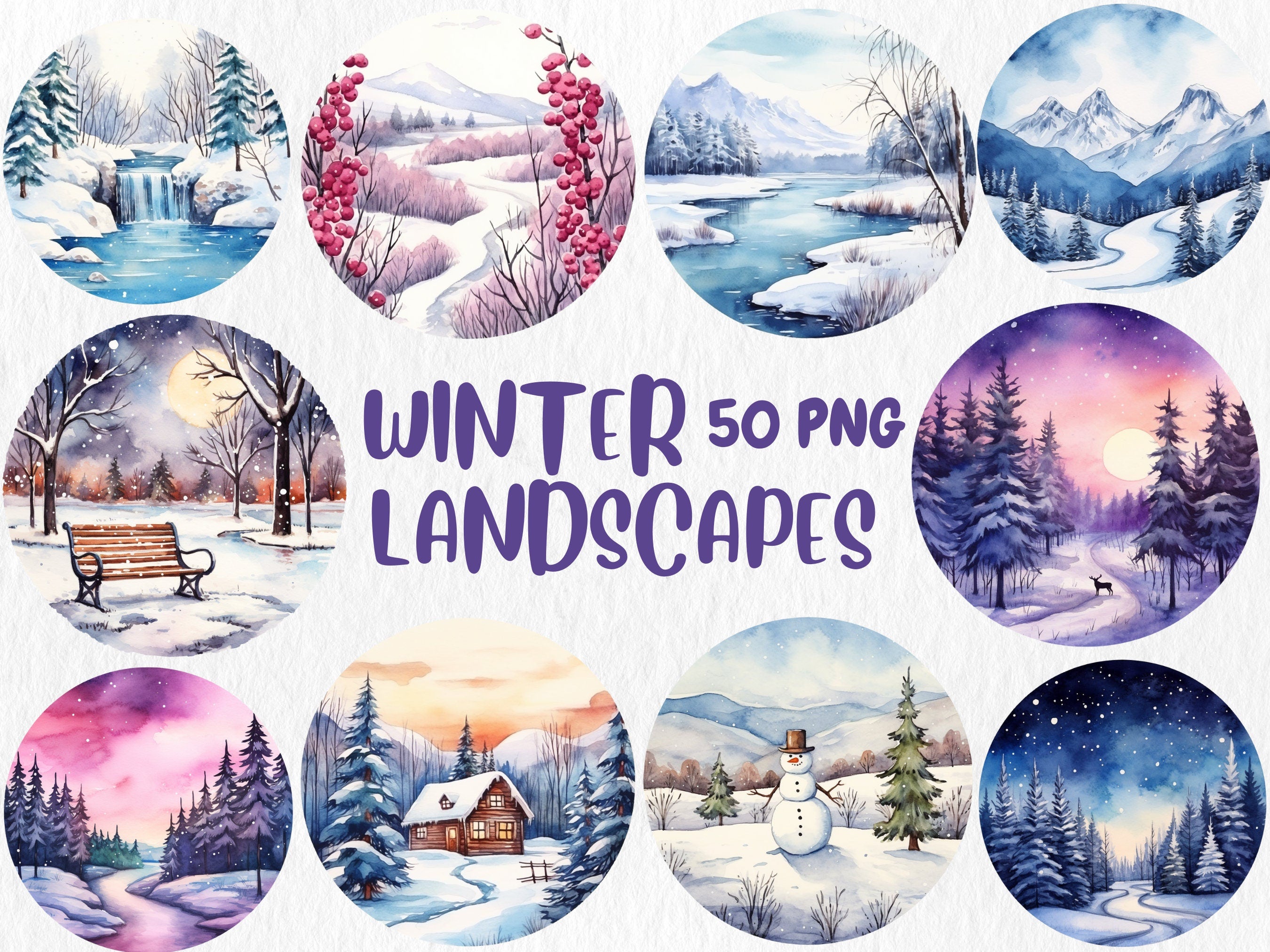 Watercolor Winter Mega Clipart Bundle #1 | Snowmen, Snowflakes, Cozy Winter, January, Winter Landscapes | Instant Download for Commercial Use