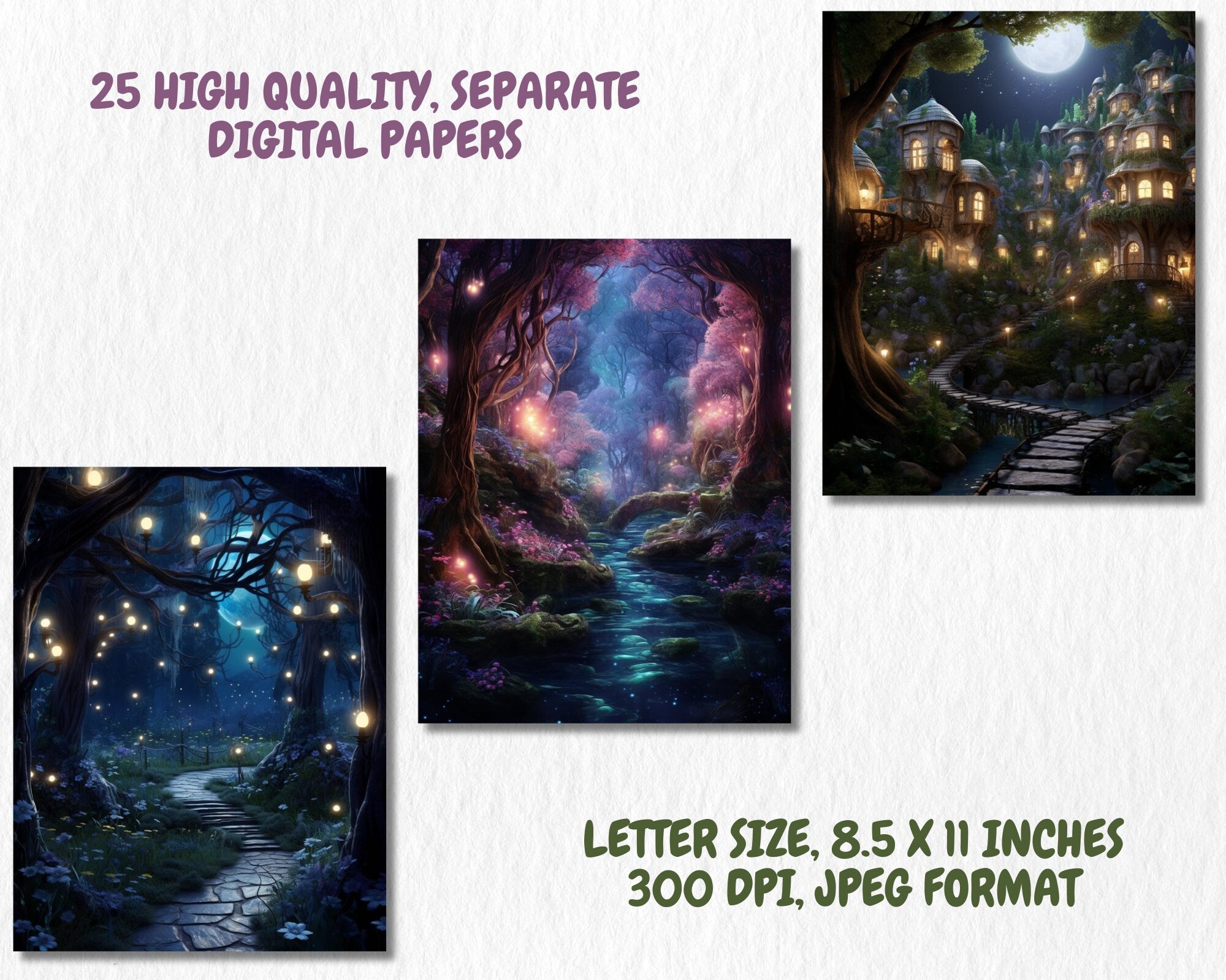 Fantasy Enchanted Forests Digital Paper, Mystical Magic Forest, Woodland Themed Cards, Printable, Download Junk Journals & Scrapbooking