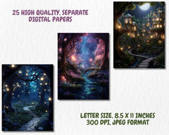 Fantasy Enchanted Forests Digital Paper, Mystical Magic Forest, Woodland Themed Cards, Printable, Download Junk Journals & Scrapbooking