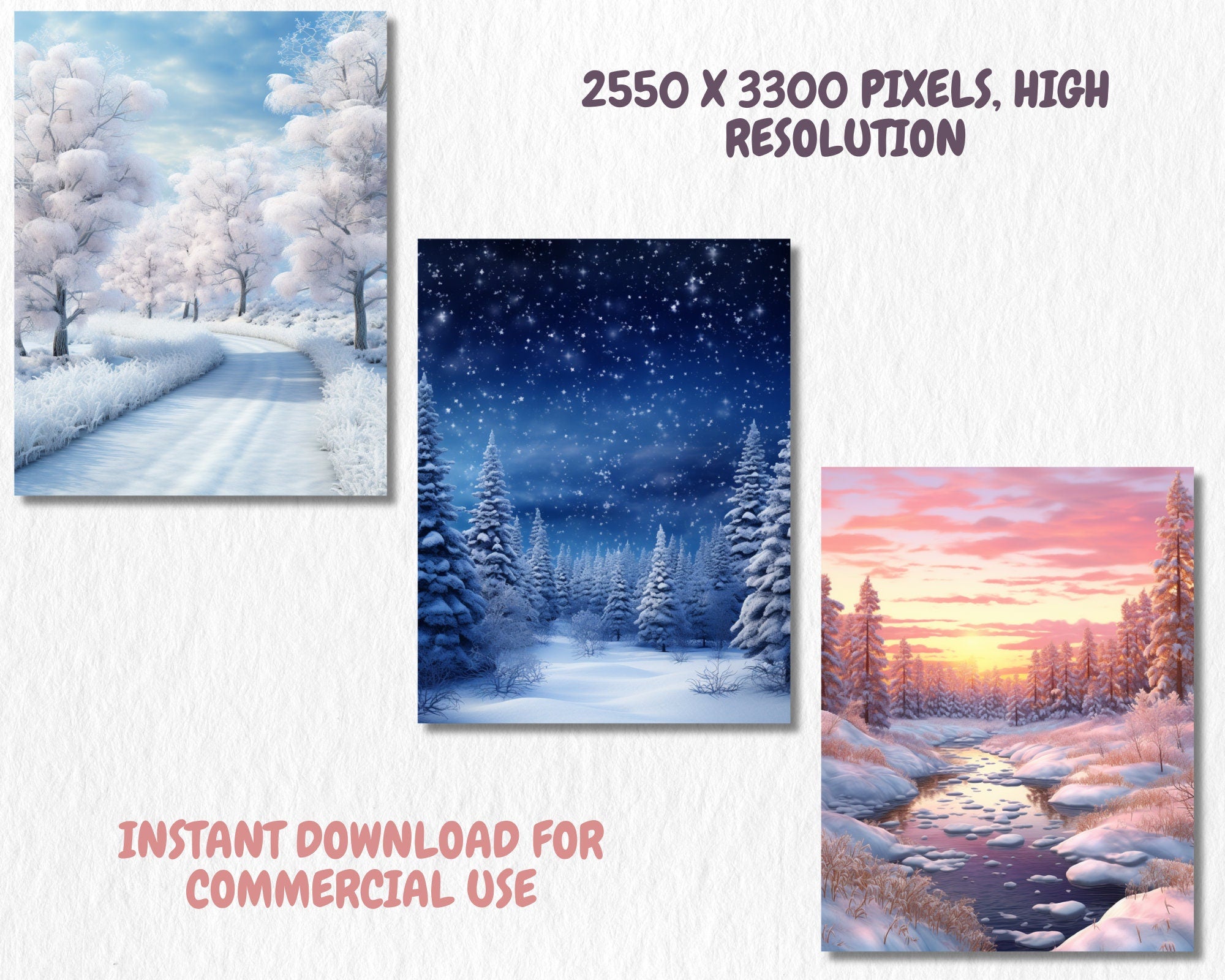 Winter Landscapes Digital Paper | Snow Forest Background, Snowy Landscape Backdrops, Printable, Download for Journals & Scrapbooking