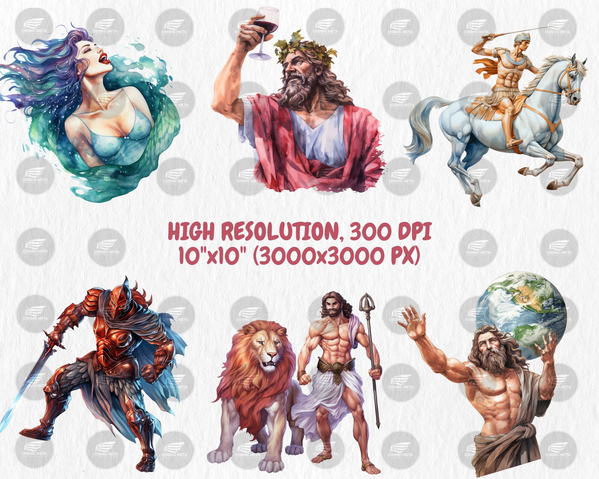 Watercolor Greek Mythology Clipart | Zeus, Athena, Ares, Hera, Apollo, Artemis, Hades Illustrations | Instant Download for Commercial Use