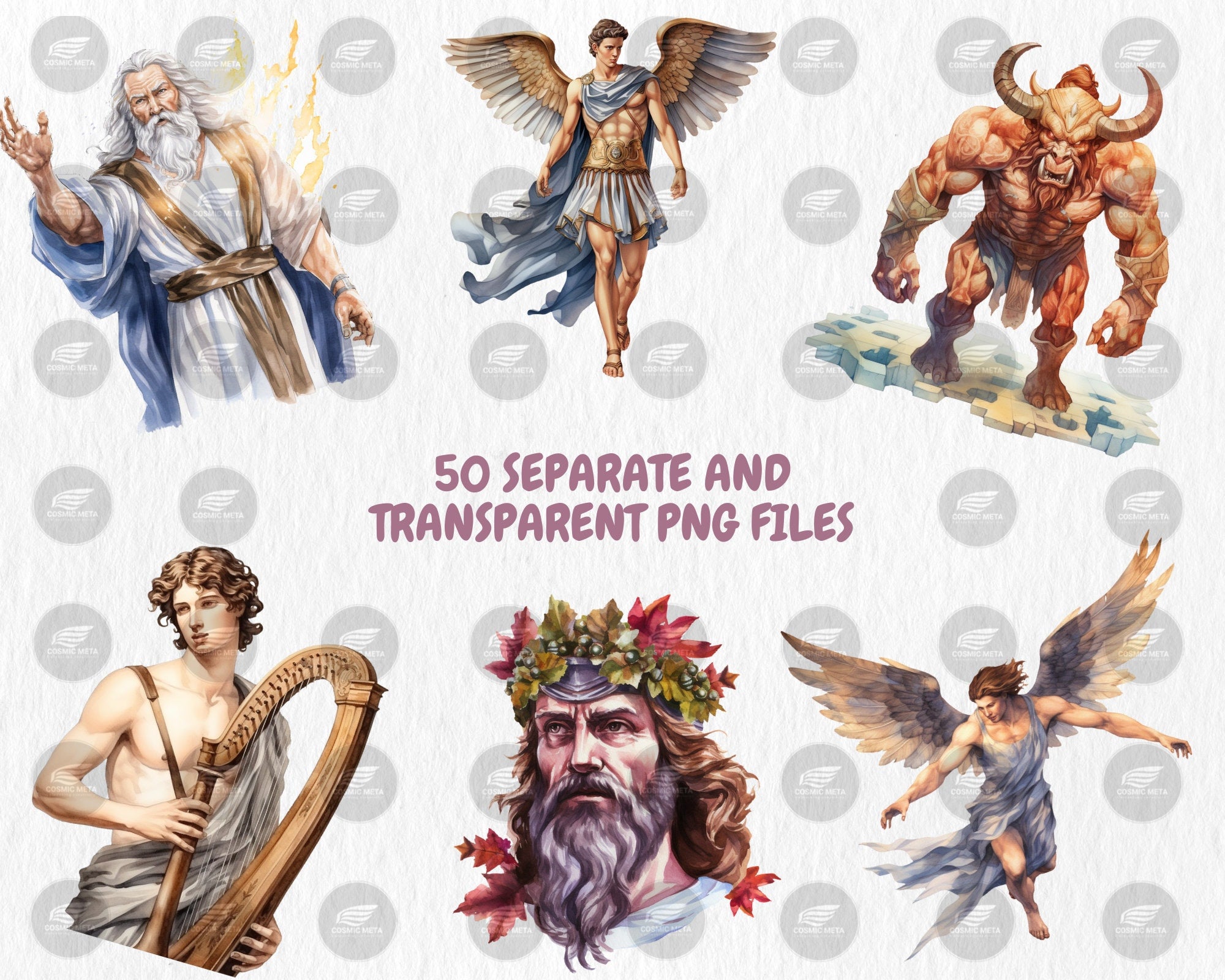 Watercolor Greek Mythology Clipart | Zeus, Athena, Ares, Hera, Apollo, Artemis, Hades Illustrations | Instant Download for Commercial Use