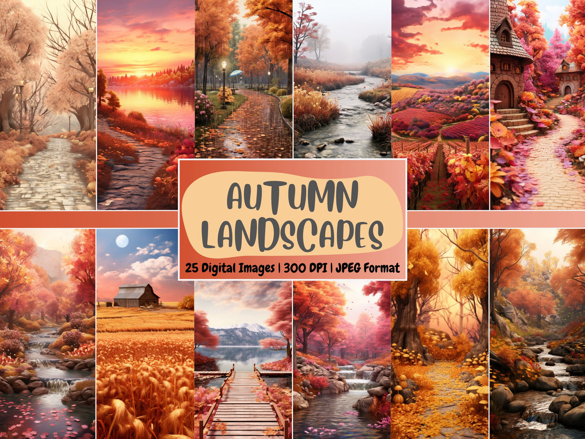 Autumn Landscapes Digital Paper | Fall Forest Background, Sunset Landscape Backdrops, Printable, Download for Journals & Scrapbooking