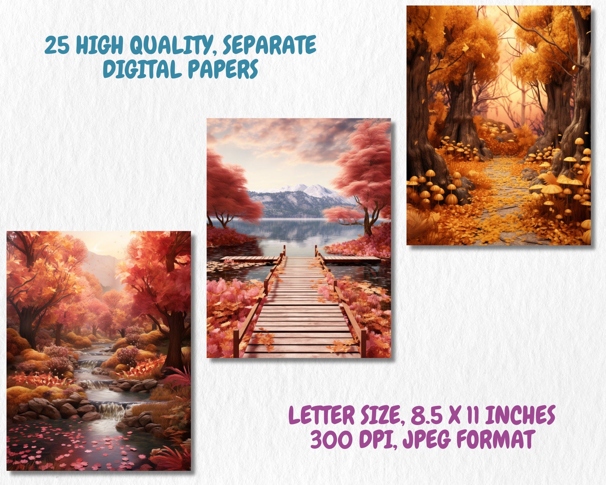 Autumn Landscapes Digital Paper | Fall Forest Background, Sunset Landscape Backdrops, Printable, Download for Journals & Scrapbooking