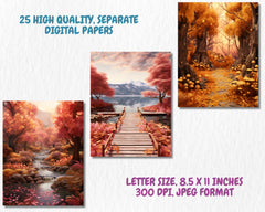 Autumn Landscapes Digital Paper | Fall Forest Background, Sunset Landscape Backdrops, Printable, Download for Journals & Scrapbooking