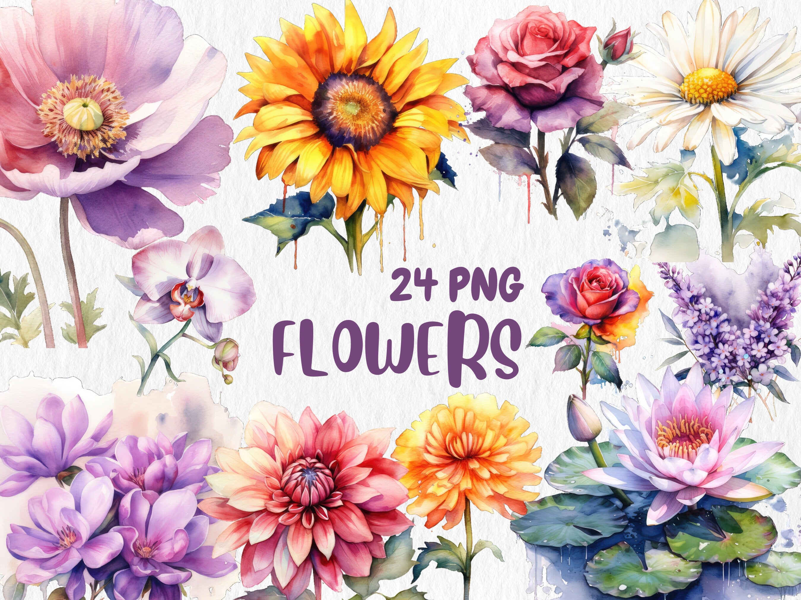 Watercolor Floral Mega Clipart Bundle #3| Sunflower, Red Rose, Mushroom, Sakura, Spring Garden, Flower | Instant Download for Commercial Use