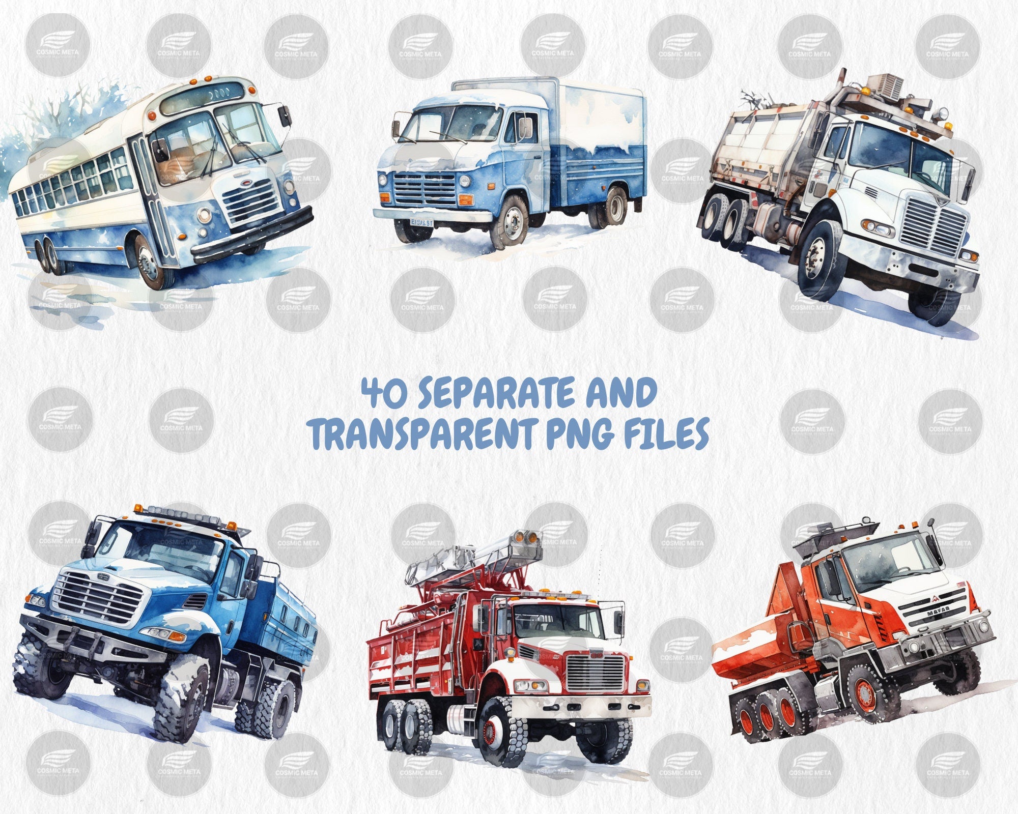 Watercolor Winter Vehicles Clipart | Snow Plow Truck, Snowmobile, Salt Spreader, Snowcat Illustrations | Instant Download for Commercial Use