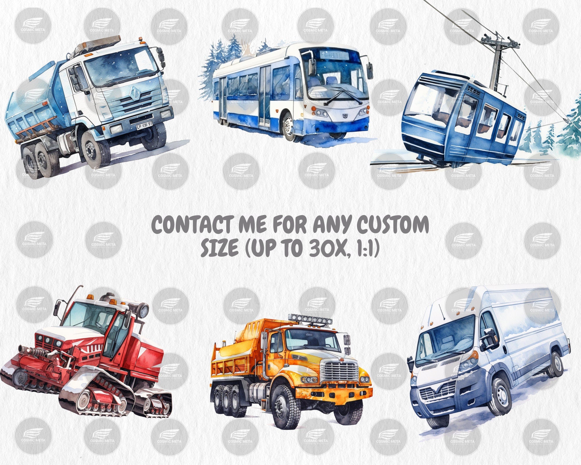 Watercolor Winter Vehicles Clipart | Snow Plow Truck, Snowmobile, Salt Spreader, Snowcat Illustrations | Instant Download for Commercial Use