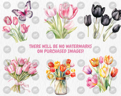 Watercolor Tulips Clipart | Spring Flower, Floral Bouquet, Red, Yellow, White Tulip Illustrations | Instant Download for Commercial Use