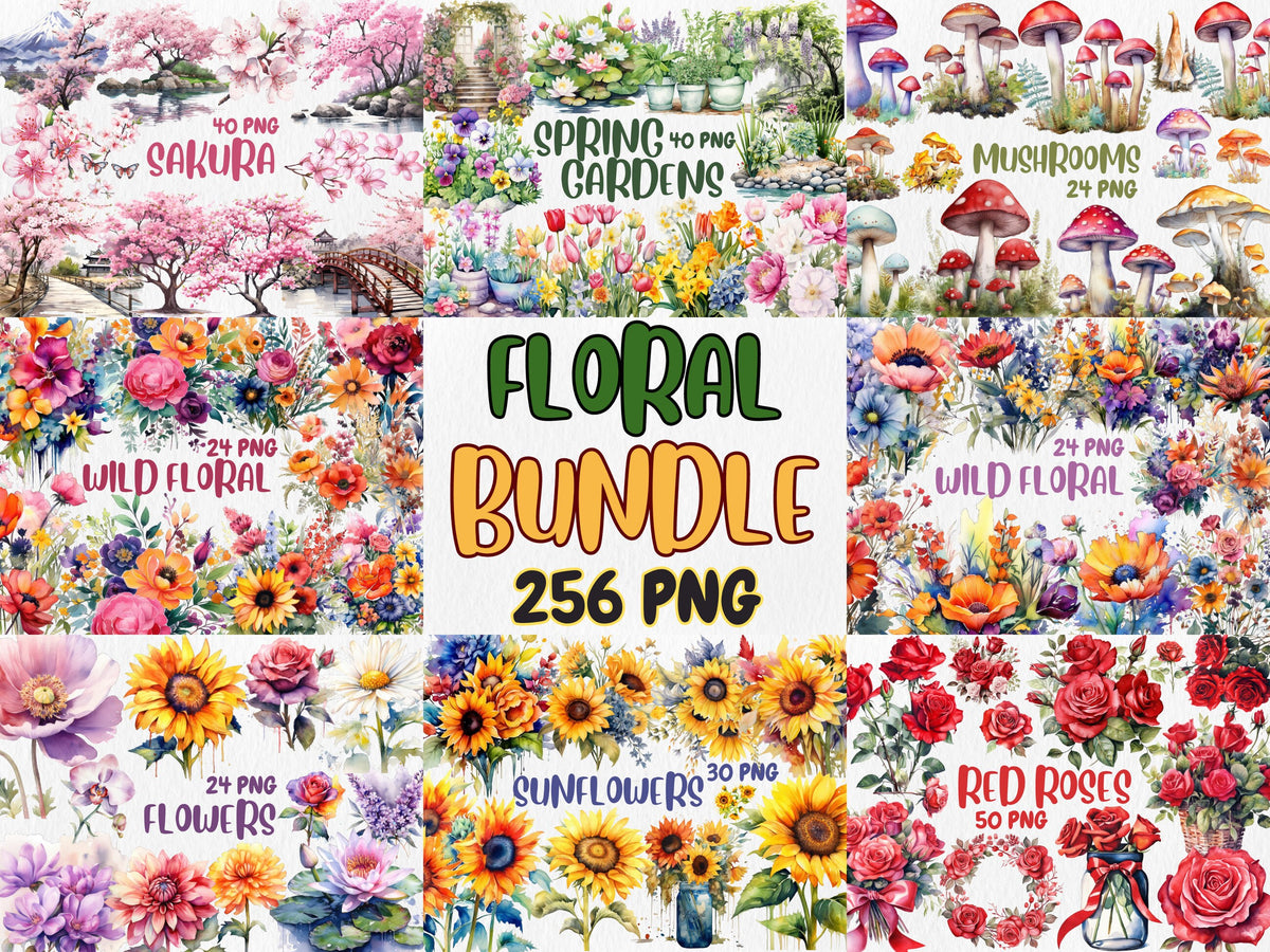 Watercolor Floral Mega Clipart Bundle #3| Sunflower, Red Rose, Mushroom, Sakura, Spring Garden, Flower | Instant Download for Commercial Use