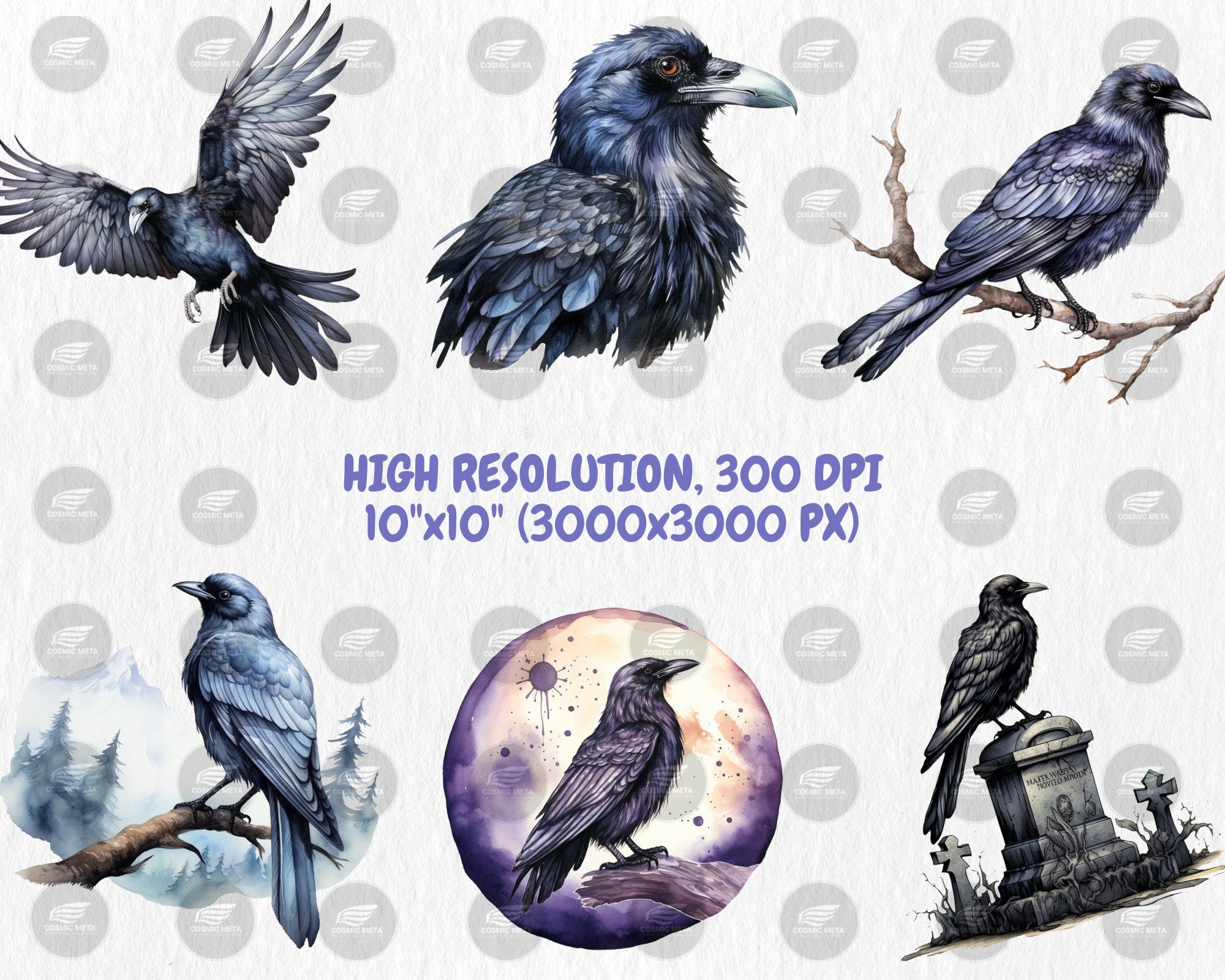 Watercolor Ravens Clipart | Black Bird, Gothic Animal, Dark and Mystic Element, Raven Illustrations | Instant Download for Commercial Use