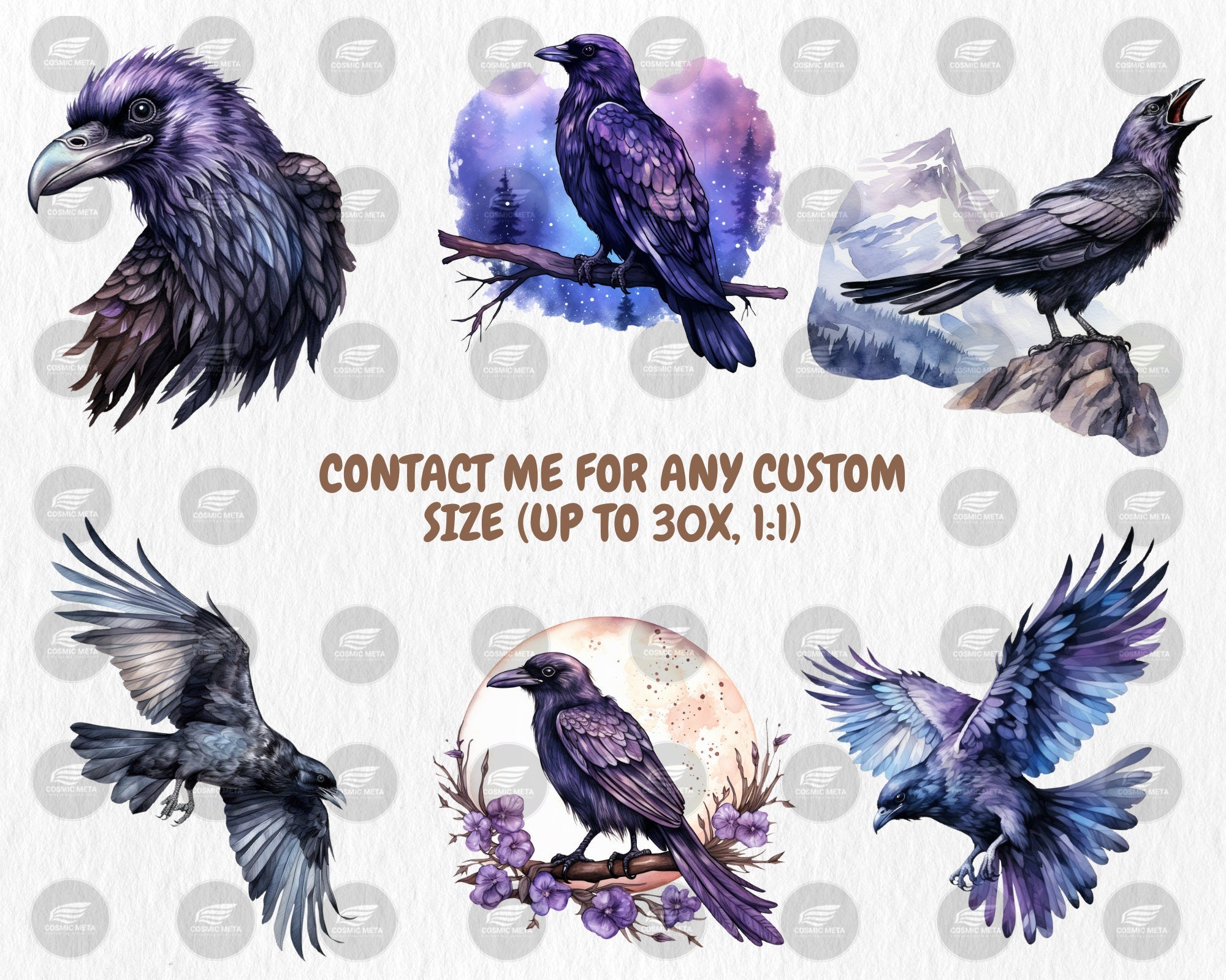Watercolor Ravens Clipart | Black Bird, Gothic Animal, Dark and Mystic Element, Raven Illustrations | Instant Download for Commercial Use