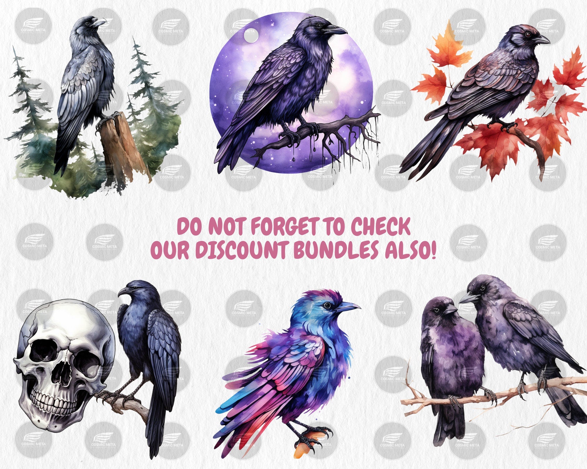 Watercolor Ravens Clipart | Black Bird, Gothic Animal, Dark and Mystic Element, Raven Illustrations | Instant Download for Commercial Use